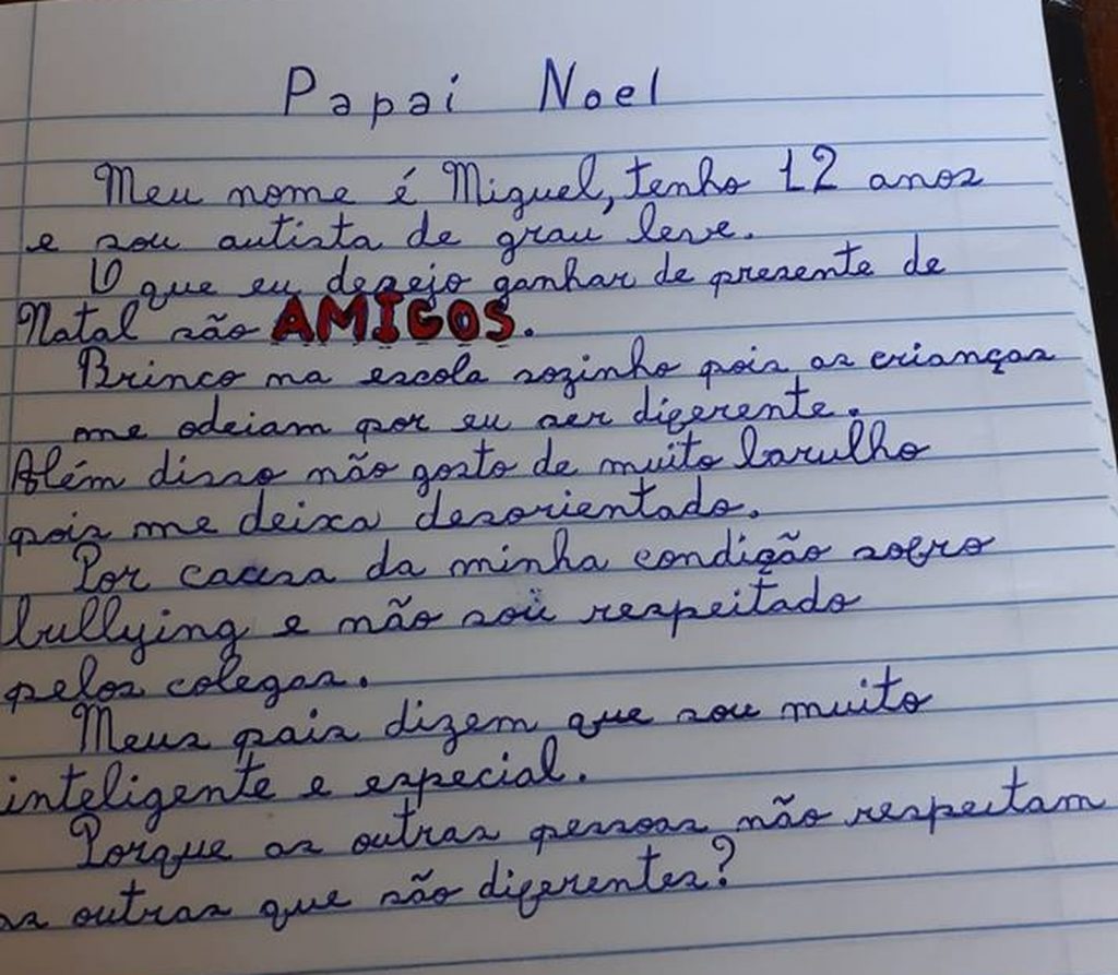 MENINO AUTISTA ESCREVE CARTA EMOCIONANTE PARA PAPAI NOEL PEDINDO "AMIGOS"